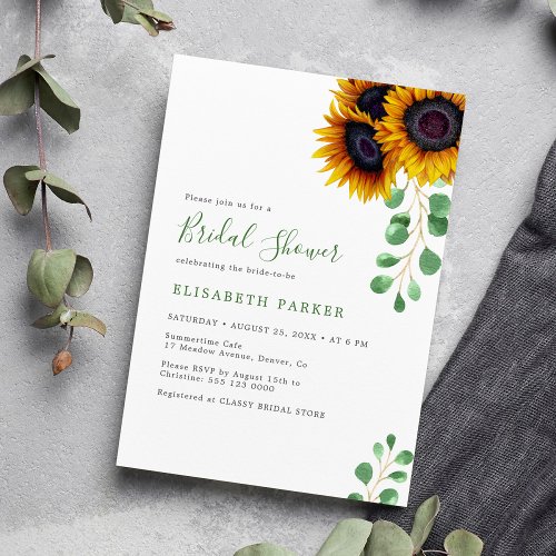 Elegant sunflower eucalyptus bridal shower invitation