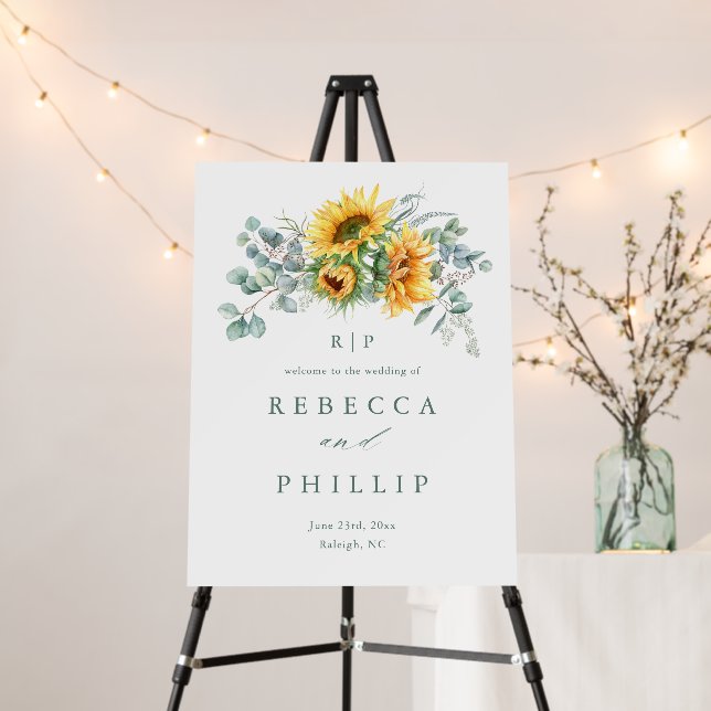Elegant Sunflower Eucalyptus Fall Wedding Welcome Foam Board (In Situ (Stand))