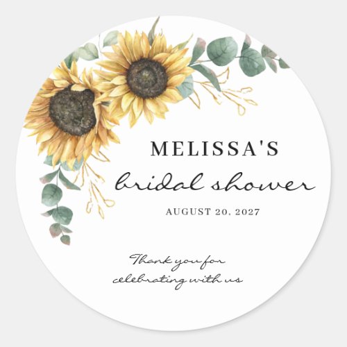 Elegant Sunflower Eucalyptus Floral Bridal Shower Classic Round Sticker