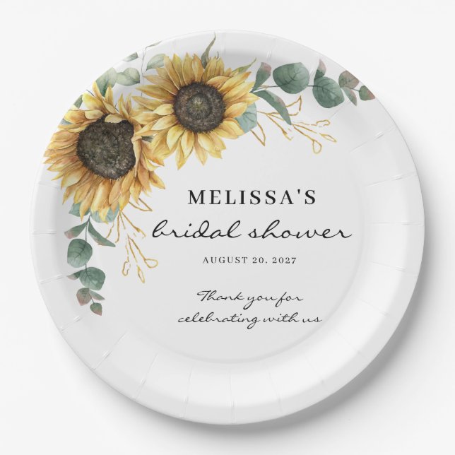 Elegant Sunflower Eucalyptus Floral Bridal Shower Paper Plates (Front)