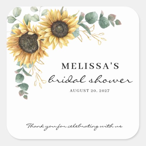 Elegant Sunflower Eucalyptus Floral Bridal Shower Square Sticker