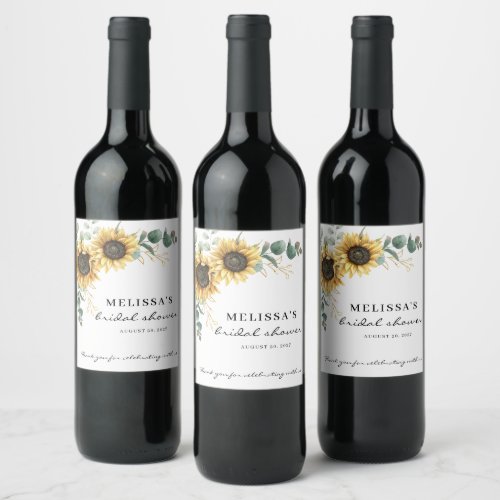 Elegant Sunflower Eucalyptus Floral Bridal Wine Label