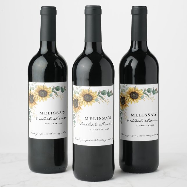 Elegant Sunflower Eucalyptus Floral Bridal Wine Label (Bottles)