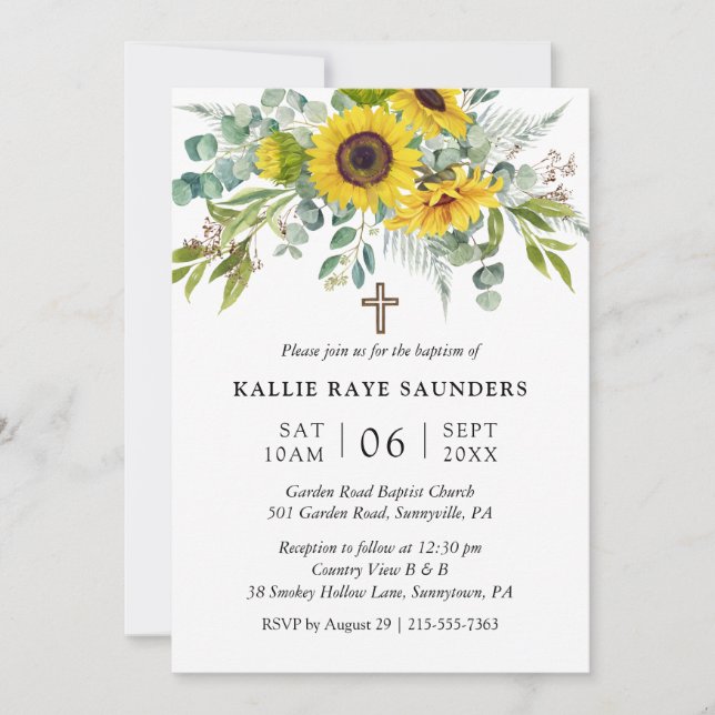 Elegant Sunflower Eucalyptus Floral Cross Baptism Invitation (Front)