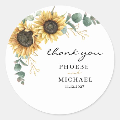 Elegant Sunflower Eucalyptus Floral Wedding Thank Classic Round Sticker