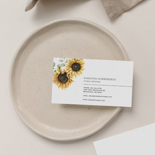 Elegant Sunflower Eucalyptus Florist Modern Business Card (Sunflower Floral Eucalyptus Minimalist Business Card)