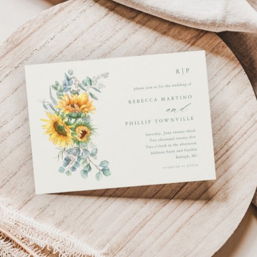 Elegant Sunflower Eucalyptus Ivory Fall Wedding Invitation