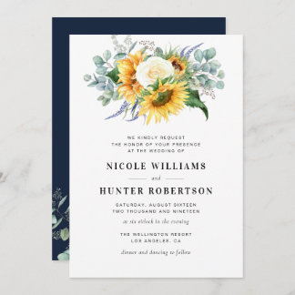 elegant sunflower eucalyptus navy blue wedding invitation