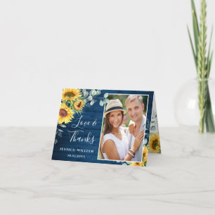Elegant Sunflower Eucalyptus Rustic Blue Photo Thank You Card