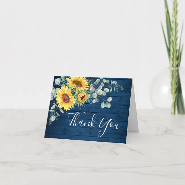 Elegant Sunflower Eucalyptus Rustic Blue Wood Tha Thank You Card | Zazzle