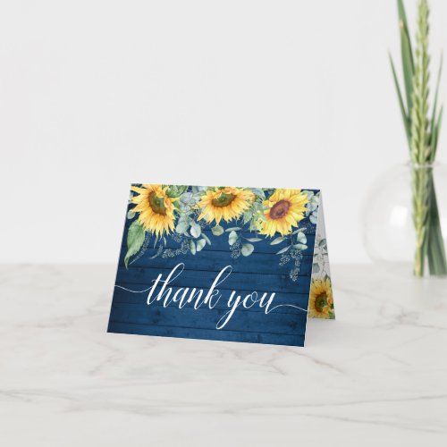 Elegant Sunflower Eucalyptus Rustic Blue Wood  Tha Thank You Card