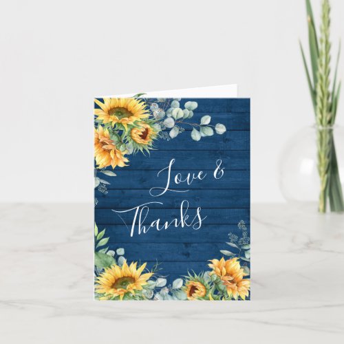 Elegant Sunflower Eucalyptus Rustic Blue Wood Than Thank You Card