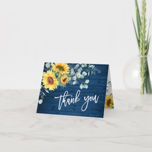 Elegant Sunflower Eucalyptus Rustic Blue Wood  Thank You Card