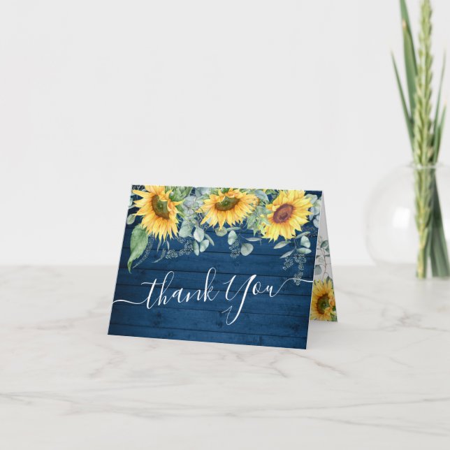 Elegant Sunflower Eucalyptus Rustic Blue Wood  Thank You Card (Front)