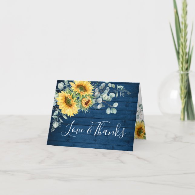 Elegant Sunflower Eucalyptus Rustic Blue Wood  Thank You Card (Front)