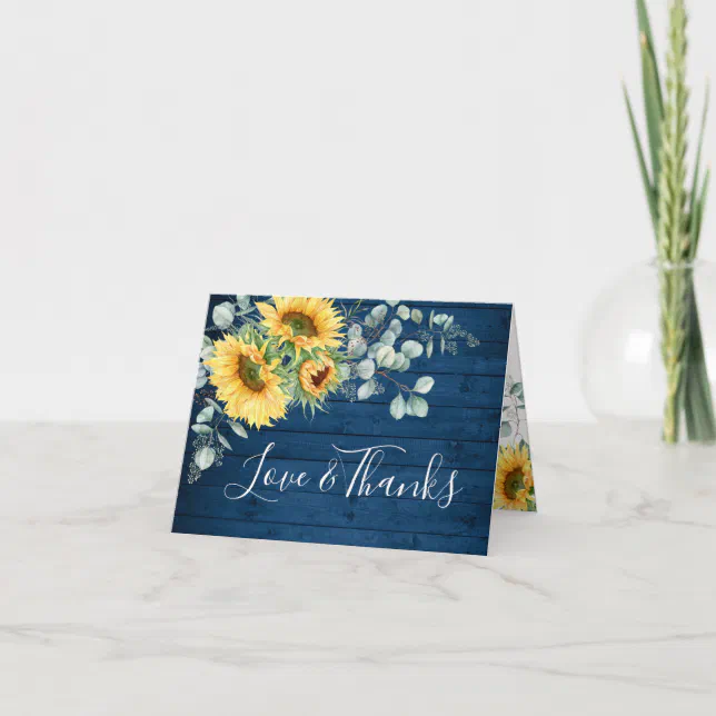 Elegant Sunflower Eucalyptus Rustic Blue Wood Thank You Card | Zazzle