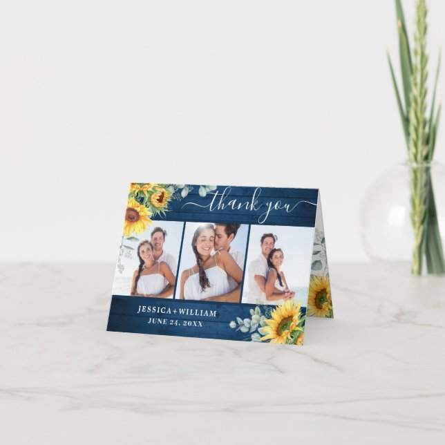 Elegant Sunflower Eucalyptus Rustic Wood 3 PHOTO Thank You Card (Front)