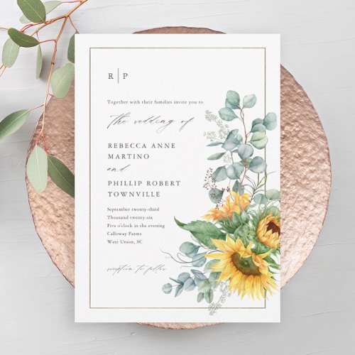 Elegant Sunflower Eucalyptus Watercolor Wedding Invitation