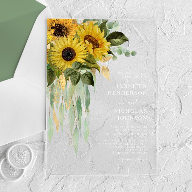 Elegant Sunflower Eucalyptus Wedding  Acrylic Invitations (Elegant Sunflower Eucalyptus Wedding Acrylic Invitations)