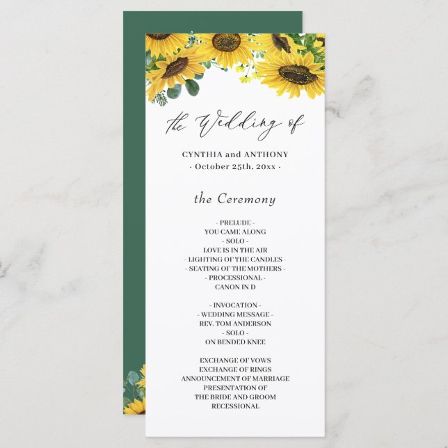 Elegant Sunflower Eucalyptus Wedding Ceremony Program (Front/Back)