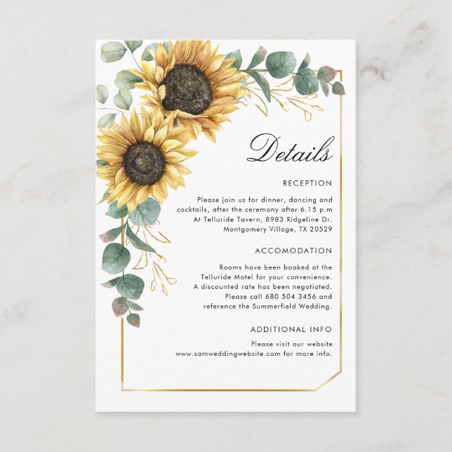 Elegant Sunflower Eucalyptus Wedding Details Enclosure Card (Front)