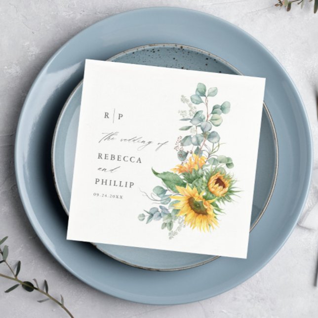 Elegant Sunflower Eucalyptus Wedding Napkins (An elegant hand-painted sunflower eucalyptus wedding cocktail napkin with names and monogram.)