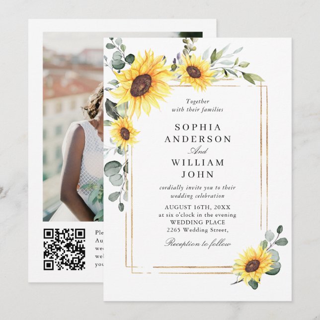 Elegant Sunflower Eucalyptus Wedding Photo QR code Invitation (Front/Back)