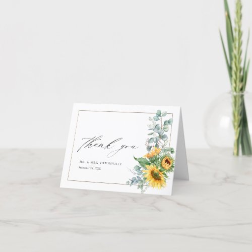 Elegant Sunflower Eucalyptus Wedding Photo Thank You Card