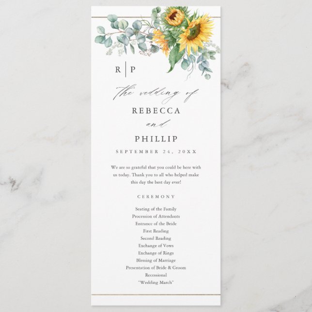 Elegant Sunflower Eucalyptus Wedding Program (Front)