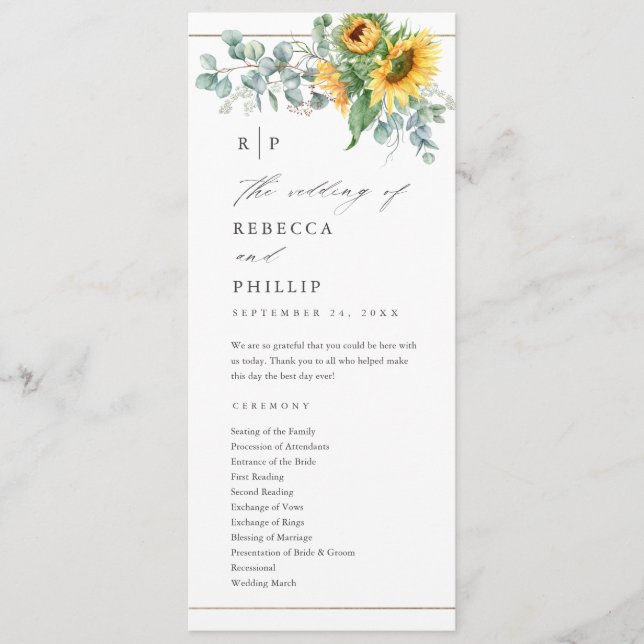 Elegant Sunflower Eucalyptus Wedding Program (Front)