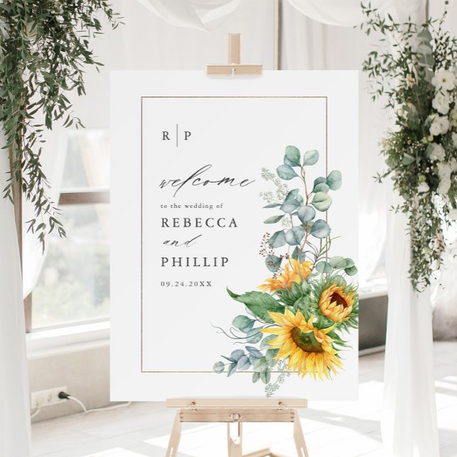 Elegant Sunflower Eucalyptus Wedding Welcome Foam Board (A modern, elegant watercolor sunflower eucalyptus wedding welcome sign with monogram and names.)