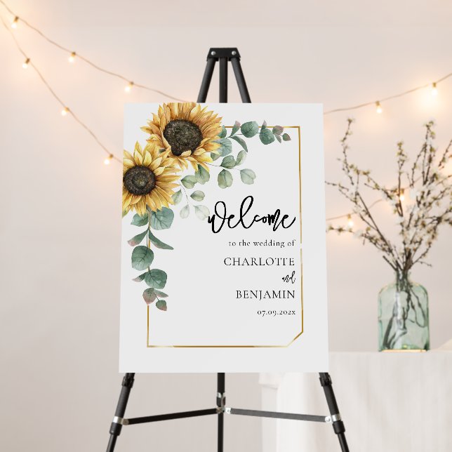 Elegant Sunflower Eucalyptus Wedding Welcome Foam Board (In Situ (Stand))