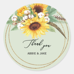 Elegant Sunflower Feather Mint Wedding Classic Round Sticker