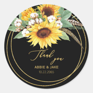 Elegant Sunflower Feather Wedding Black Classic Round Sticker