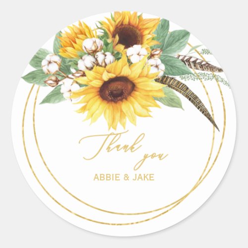 Elegant  Sunflower Feather Wedding Thank You Classic Round Sticker