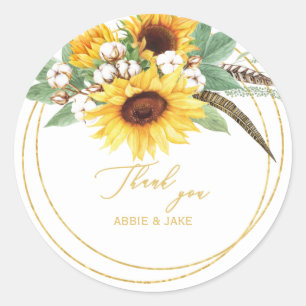 Elegant Sunflower Feather Wedding Thank You Classic Round Sticker