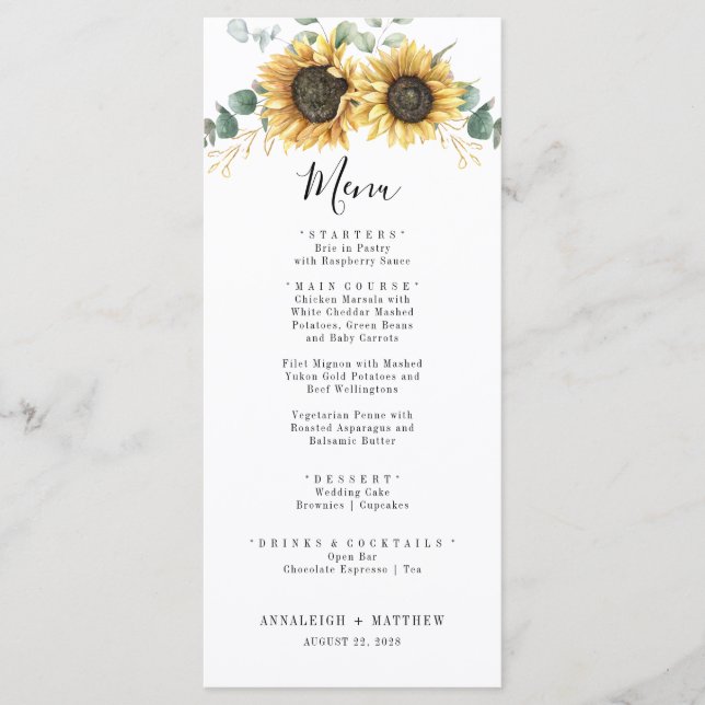 Elegant Sunflower Floral Eucalyptus Wedding Menu (Front)