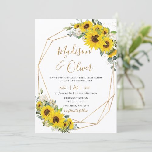 Elegant Sunflower Floral Gold Geometric Wedding Invitation