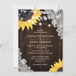 Elegant Sunflower Floral Lace Rustic Wood Wedding Invitation