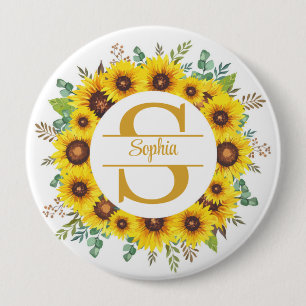 Elegant Sunflower Floral Monogram with Name Button