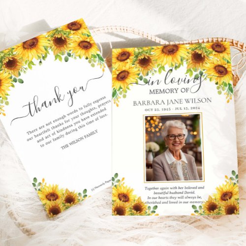 Elegant Sunflower Floral Photo Funeral Memorial Thank You Card