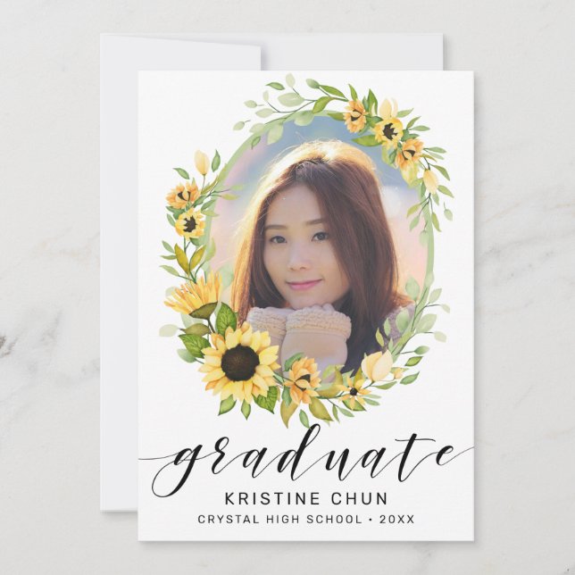 Elegant Sunflower Floral Photo Script Graduation Announcement (Front)