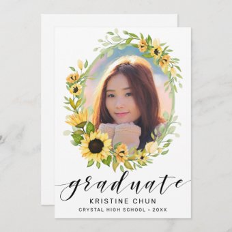Elegant Sunflower Floral Photo Script Graduation Announcement | Zazzle