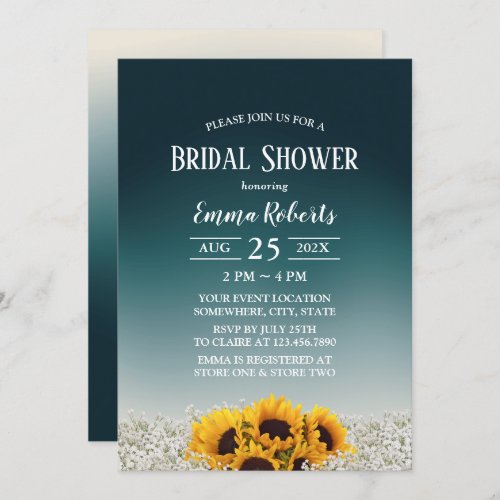 Elegant Sunflower Floral Teal Ombre Bridal Shower Invitation