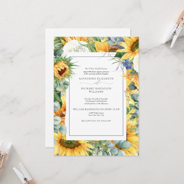 Elegant Sunflower Floral Wedding Invitation (Front/Back In Situ)