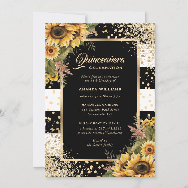 Elegant Sunflower Gold Black White Quinceañera Invitation (Front)