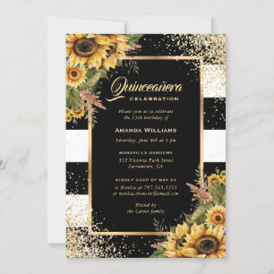 Elegant Sunflower Gold Black White Quinceañera Invitation