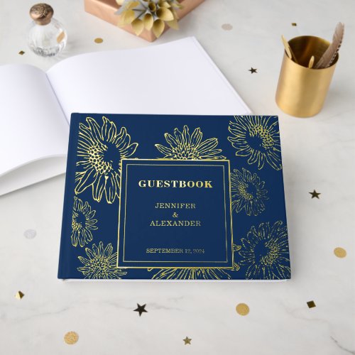 Elegant sunflower gold Foil blue wedding Guestbook