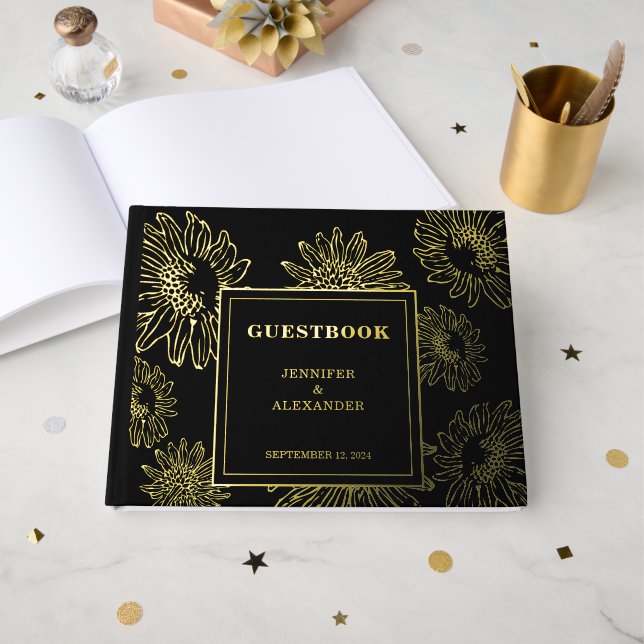 Elegant sunflower gold Foil wedding Guestbook (Front Open)