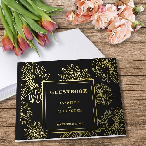 Elegant sunflower gold Foil wedding Guestbook